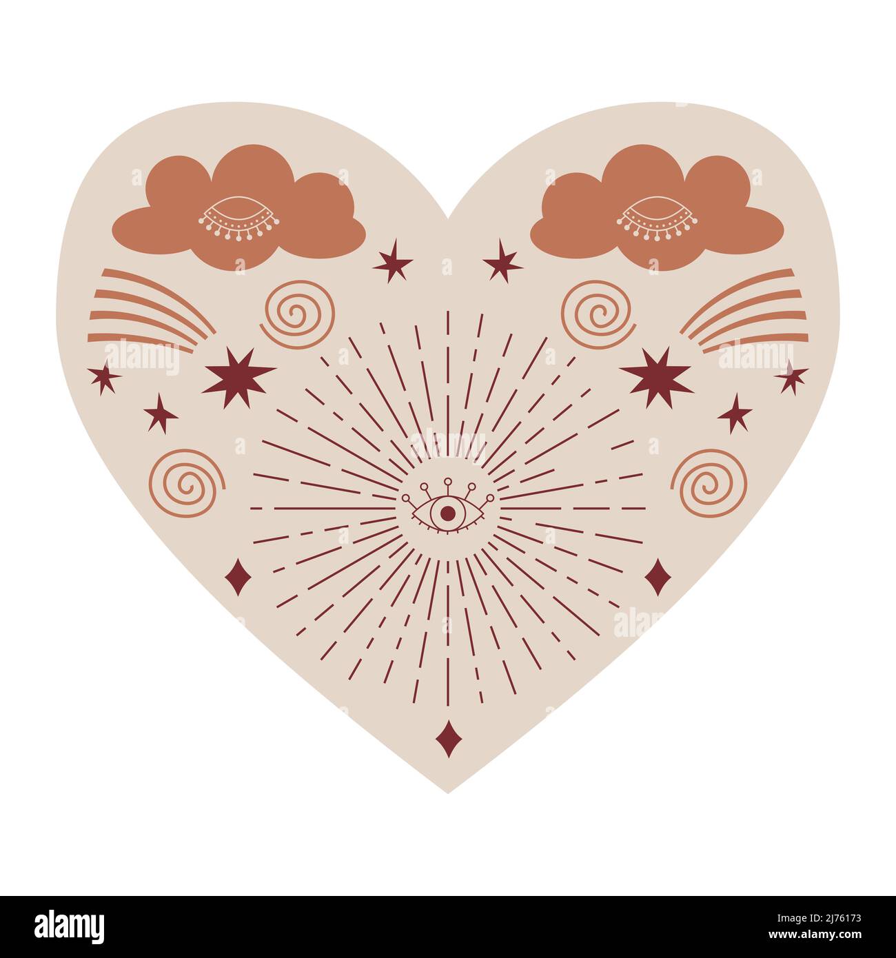 Cuore mistico simmetrico con elementi celesti e boho, nuvole, cometa, stelle, occhio. Elemento decorativo per carte San Valentino, design di imballaggio Illustrazione Vettoriale Cuore mistico simmetrico con elementi celesti e boho, nuvole, cometa, stelle, occhio. Elemento decorativo per carte San Valentino, design di imballaggio Illustrazione Vettoriale