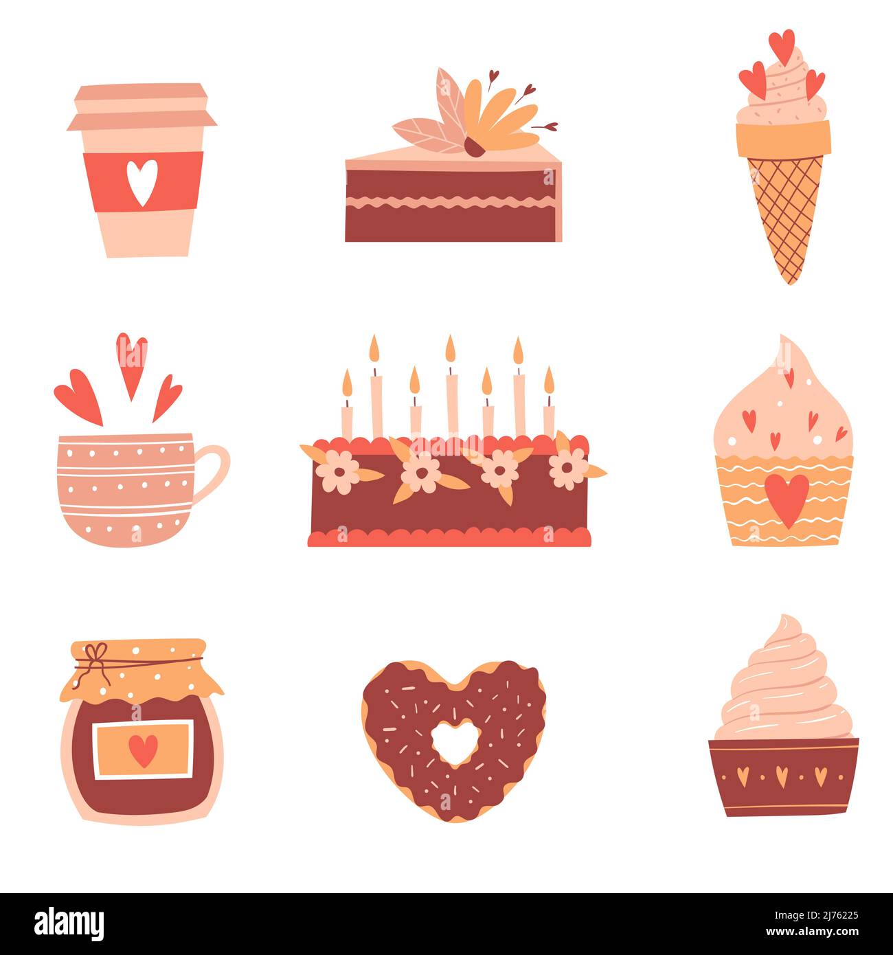 Set con cibi dolci, dolci, torta, ciambelle, gelato. Dolci, conserva con un cuore. Carino stile cartoon piatto. Illustrazioni vettoriali a colori isolate Illustrazione Vettoriale