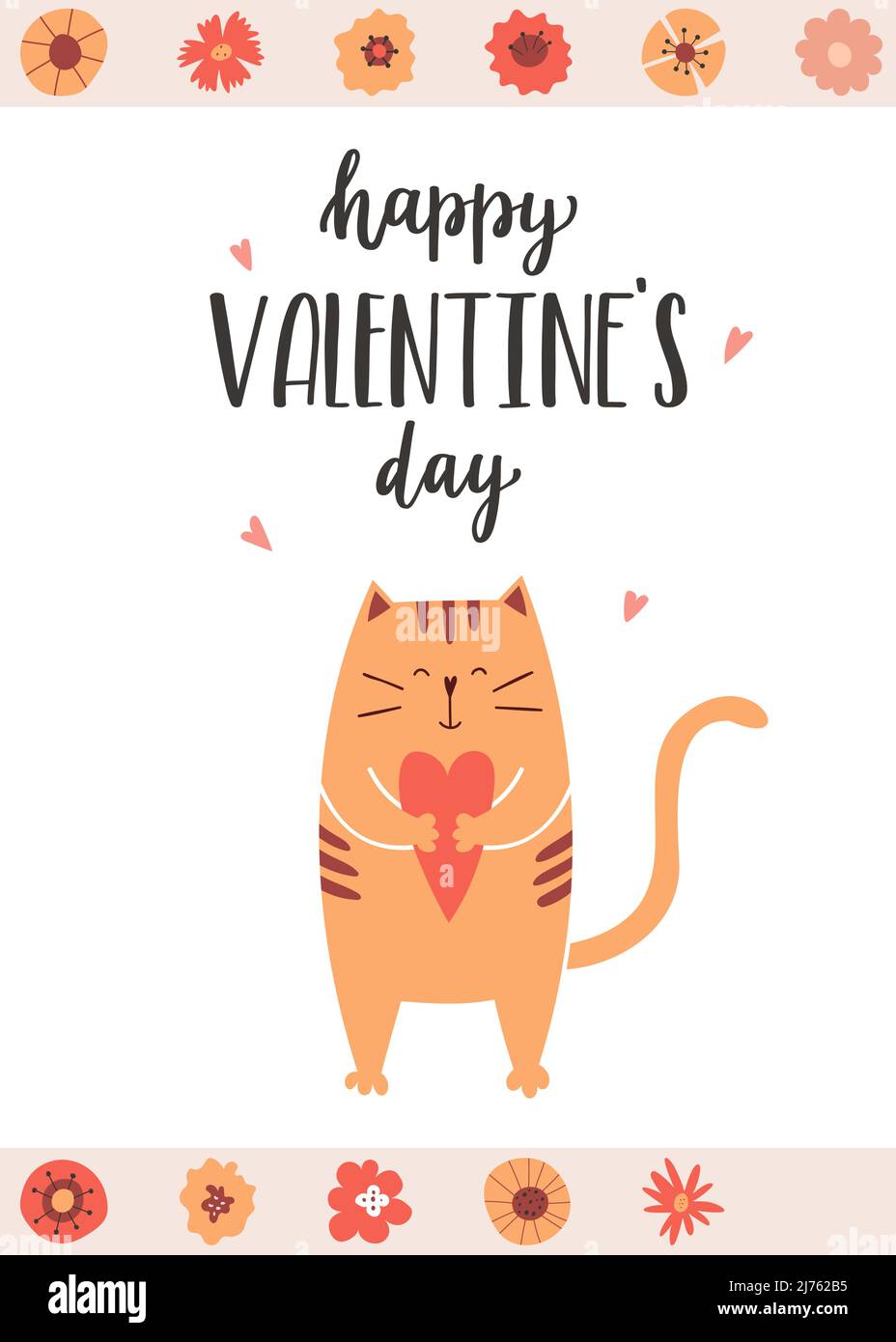 Un biglietto d'auguri con un gatto simpatico e sorridente che tiene un cuore nelle zampe. Una frase scritta a mano Buon San Valentino. Lettere a mano. Vettore cartoon illus Illustrazione Vettoriale Un biglietto d'auguri con un gatto simpatico e sorridente che tiene un cuore nelle zampe. Una frase scritta a mano Buon San Valentino. Lettere a mano. Vettore cartoon illus Illustrazione Vettoriale