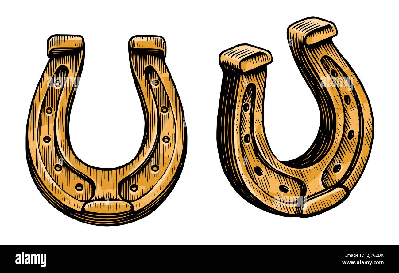Fortunato ferro di cavallo dorato su sfondo bianco. Illustrazione dell'incisione vettoriale vintage Illustrazione Vettoriale
