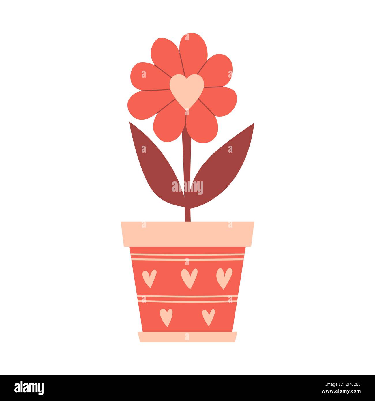 Un semplice fiore astratto in una pentola con un cuore. Una casalinga con un germoglio e foglie. Un elemento decorativo per le carte di San Valentino. Vettore colore illus Illustrazione Vettoriale