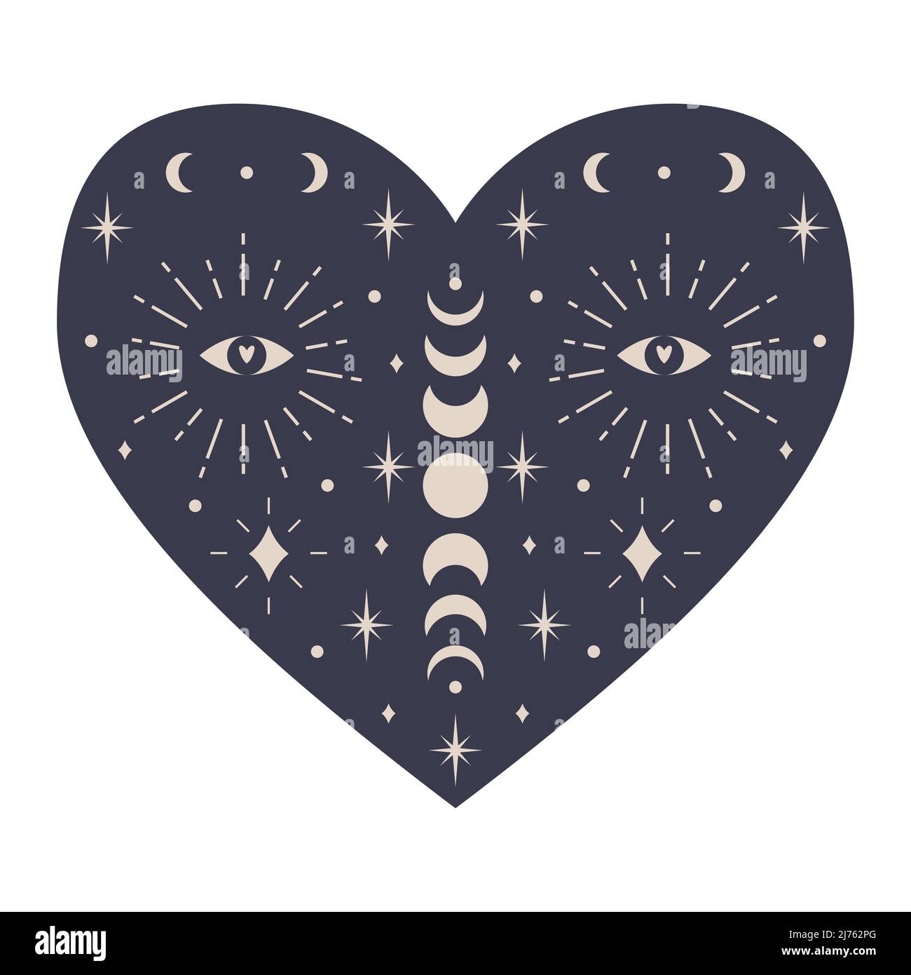 Cuore mistico simmetrico con elementi celesti, fasi lunari, mezzaluna, stelle, occhio. Elemento decorativo per carte San Valentino, confezione de Illustrazione Vettoriale
