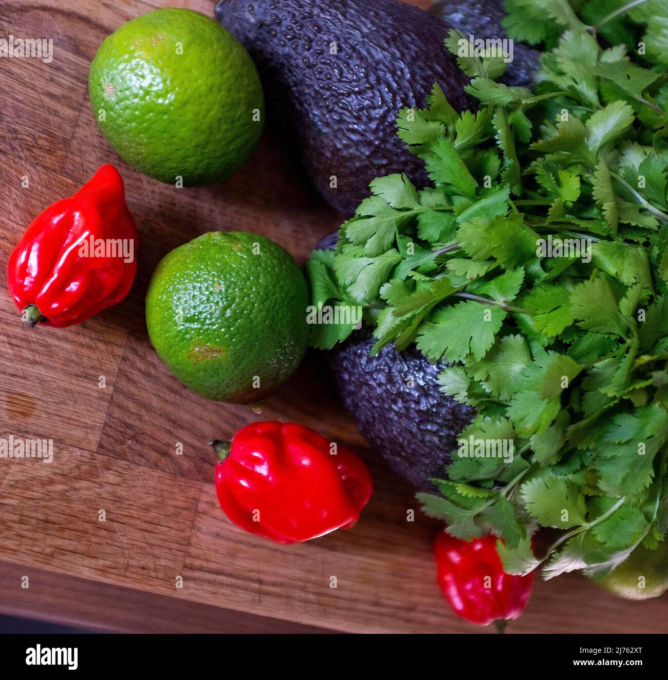 Peperoncino fresco di scotch Bonnet con coriandolo di lime e un avocado ingredienti per fare guacamole Foto Stock