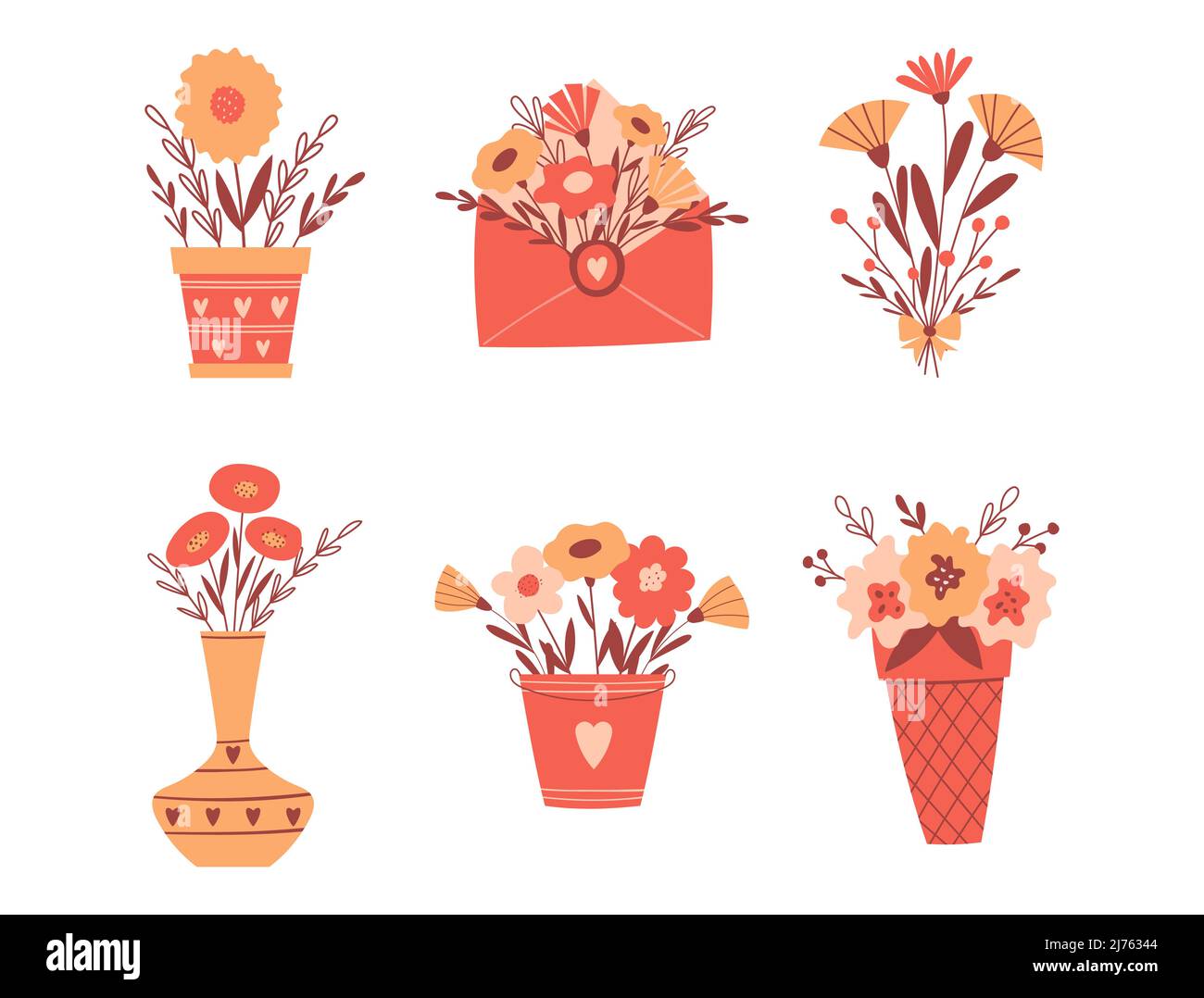 Un set di composizioni floreali in vasi, una busta, una piantatrice, un secchio. Semplici e carine composizioni botaniche in stile cartone animato. Illustrazione del vettore colore Illustrazione Vettoriale