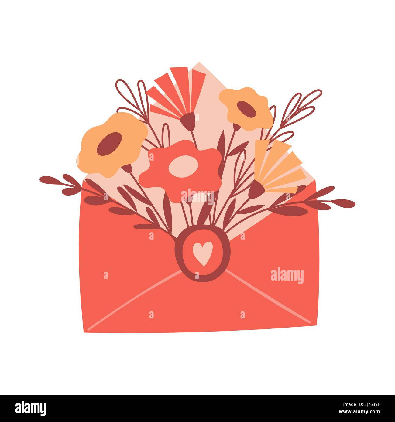 Un bouquet con semplici fiori rossi e gialli e rametti in una busta con un cuore. Elemento decorativo per carte San Valentino. Colore piatto semplice ve Illustrazione Vettoriale