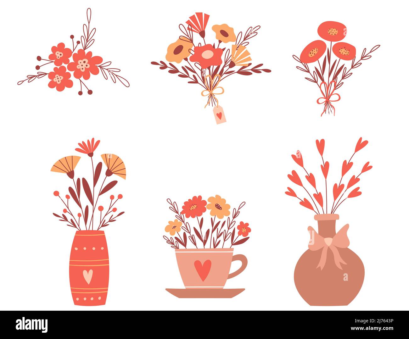 Una serie di composizioni floreali, mazzi in vaso, una tazza, con un arco. Carino semplici composizioni botaniche in stile cartoon. Illustrazioni vettoriali a colori i Illustrazione Vettoriale
