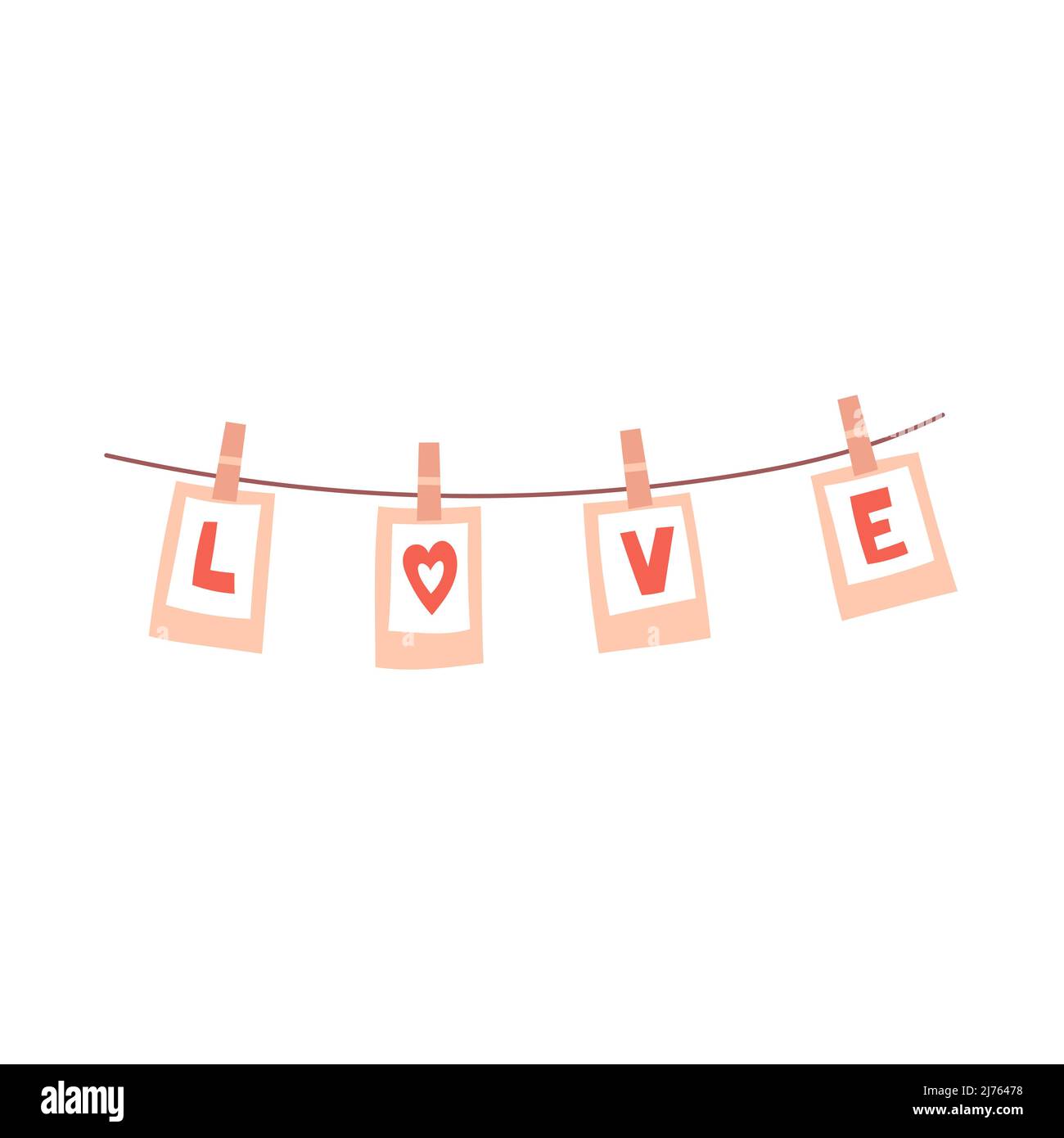 Stringa con bandiere con la parola Amore. Carte con lettere sui clothespins. Un elemento decorativo per San Valentino. Semplice vettore colore piatto illustrati Illustrazione Vettoriale