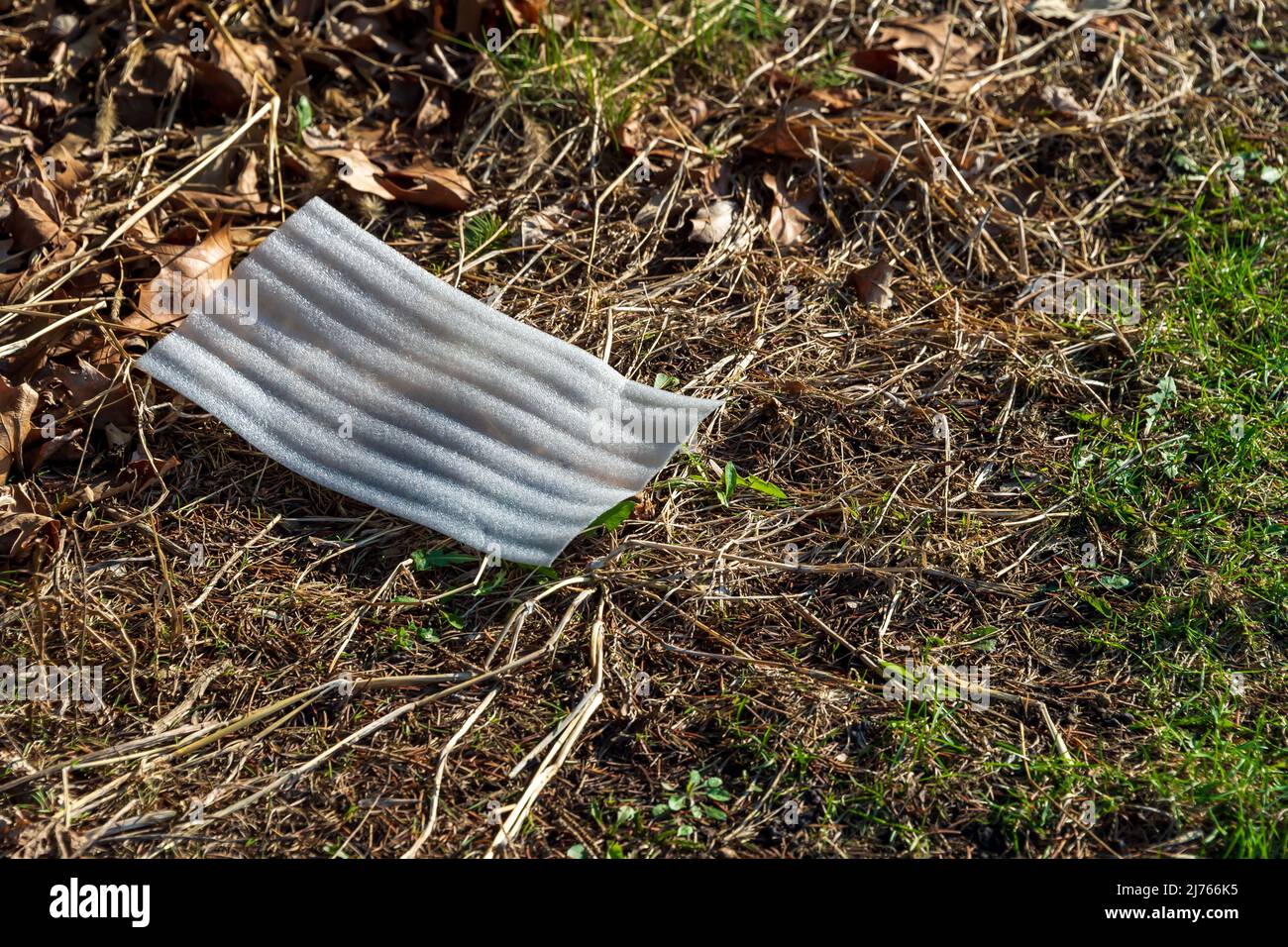 Un'imbottitura in schiuma di plastica smaltita in modo improprio si trova in erba primaverile vicino a Crestbruck Park, Ankeny, Iowa. Foto Stock