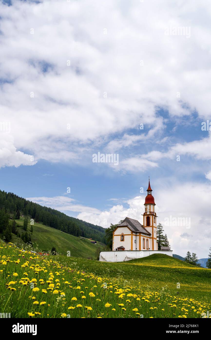 La storica chiesa di San Nicola a Obernberg am Brenner in Tirolo. In primo piano un prato di fiori con fiori di dente di leone, sullo sfondo blu cielo e nuvole. Foto Stock