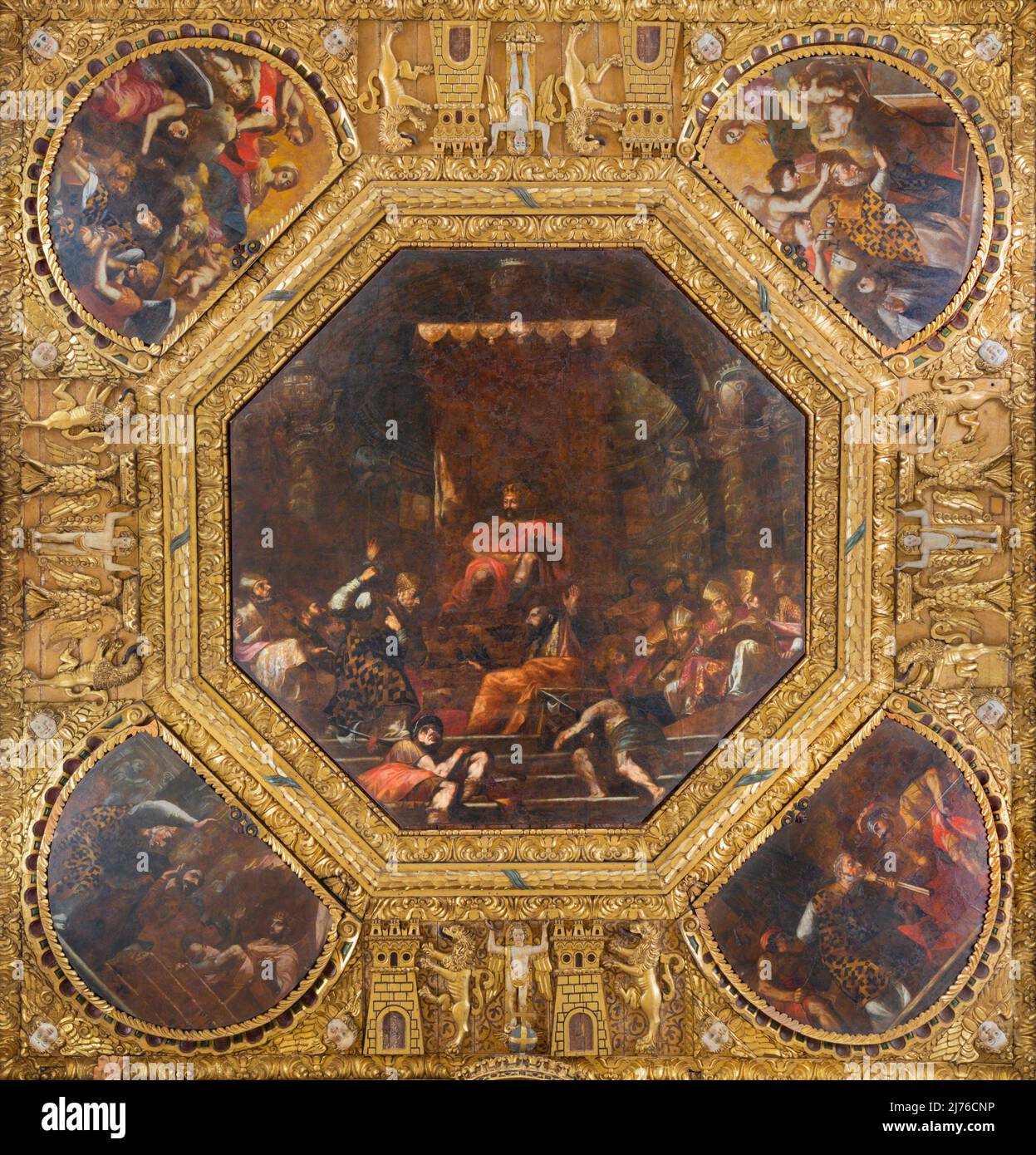 BARI, ITALIA - 3 MARZO 2022: La pittura di scene di San Nicola vive nel soffitto a cassettoni della Basilica di San Nicola di Carlo De Rosa Foto Stock