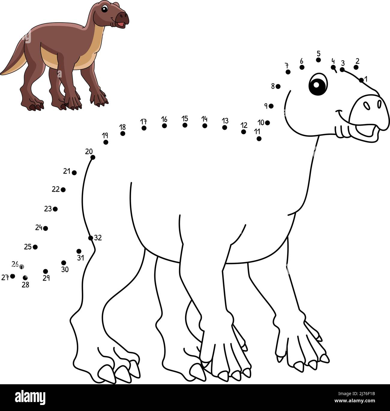 Punto a Dot Iguanodon Dinosaur colorazione isolato Illustrazione Vettoriale