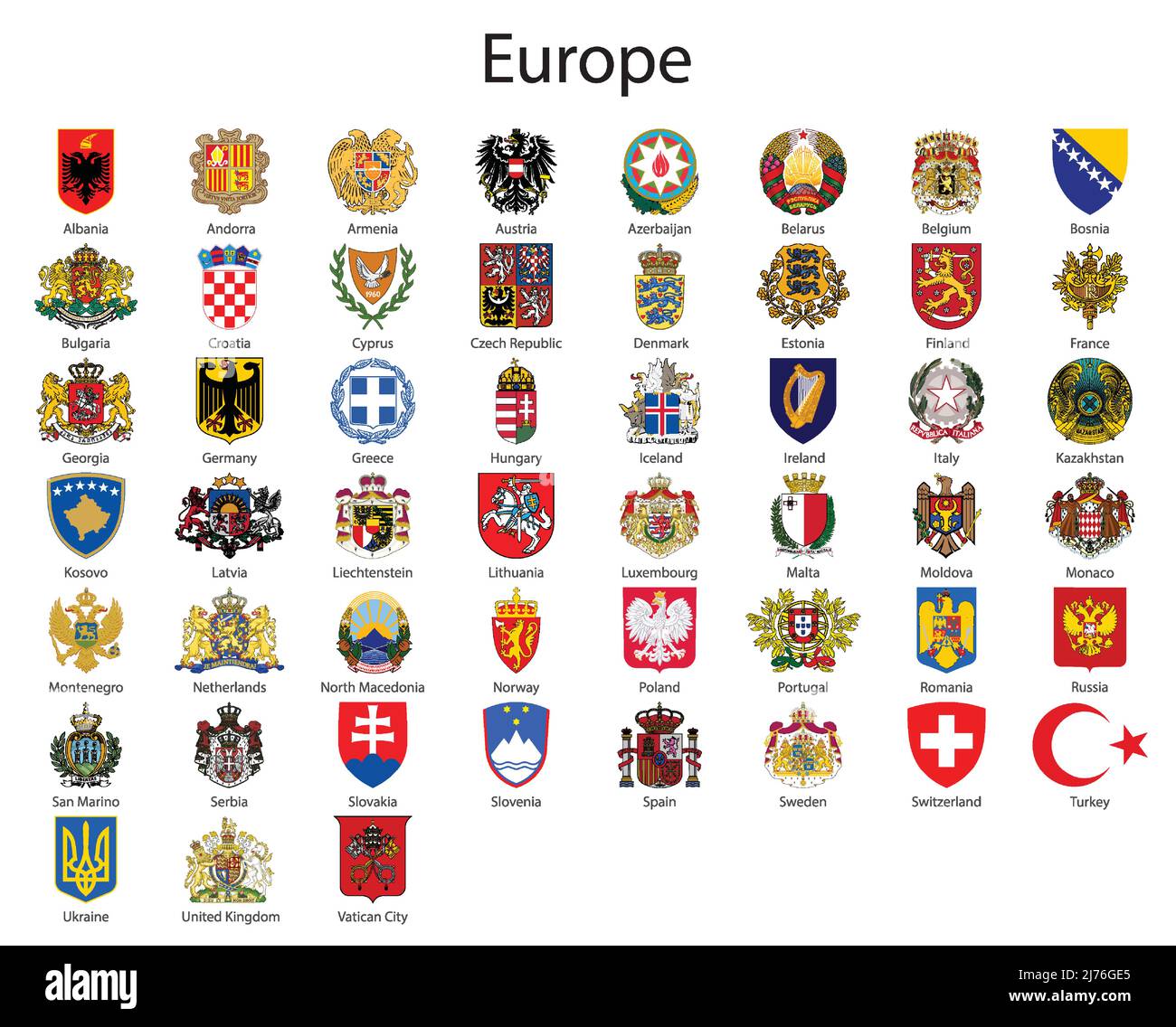 Set stemma dei paesi d'Europa, tutte le regioni europee emblema collezione Illustrazione Vettoriale