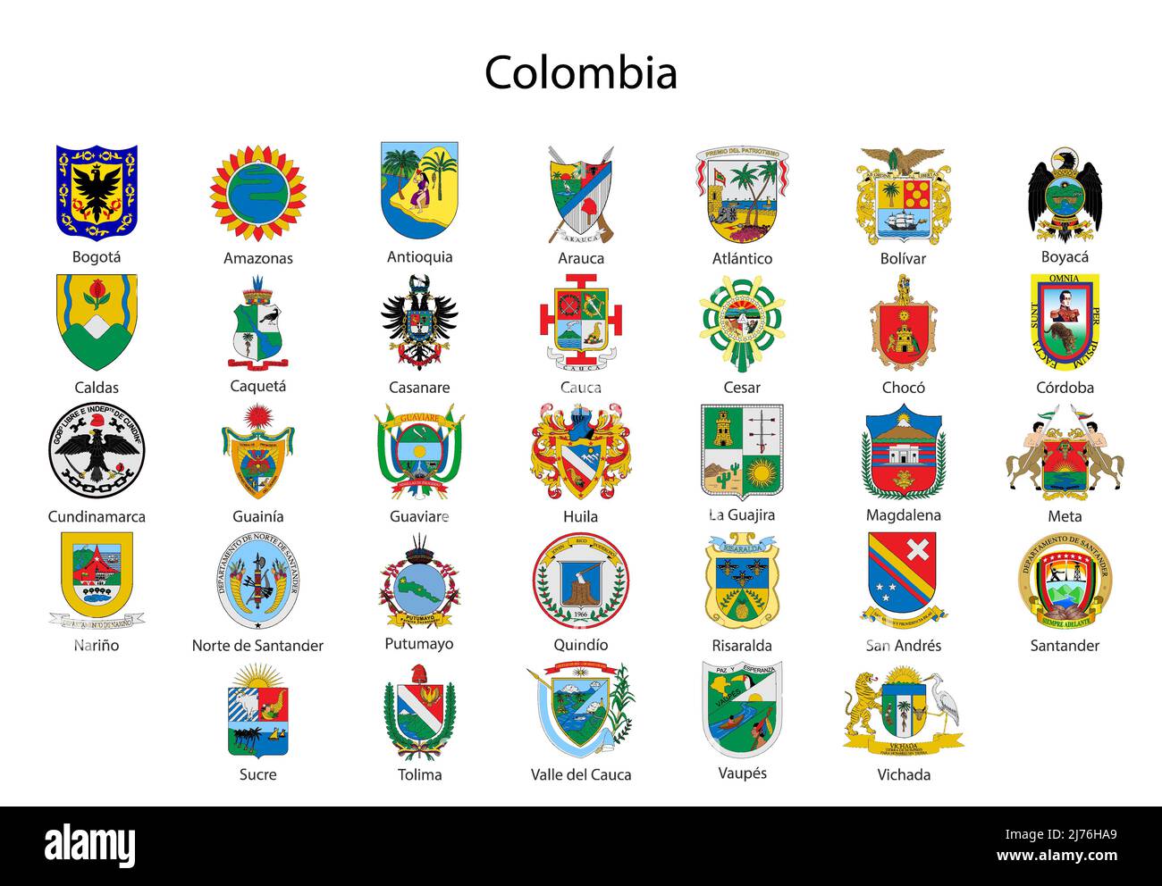 Set stemma dello stato della Colombia, tutte le regioni colombiane emblema collezione Illustrazione Vettoriale