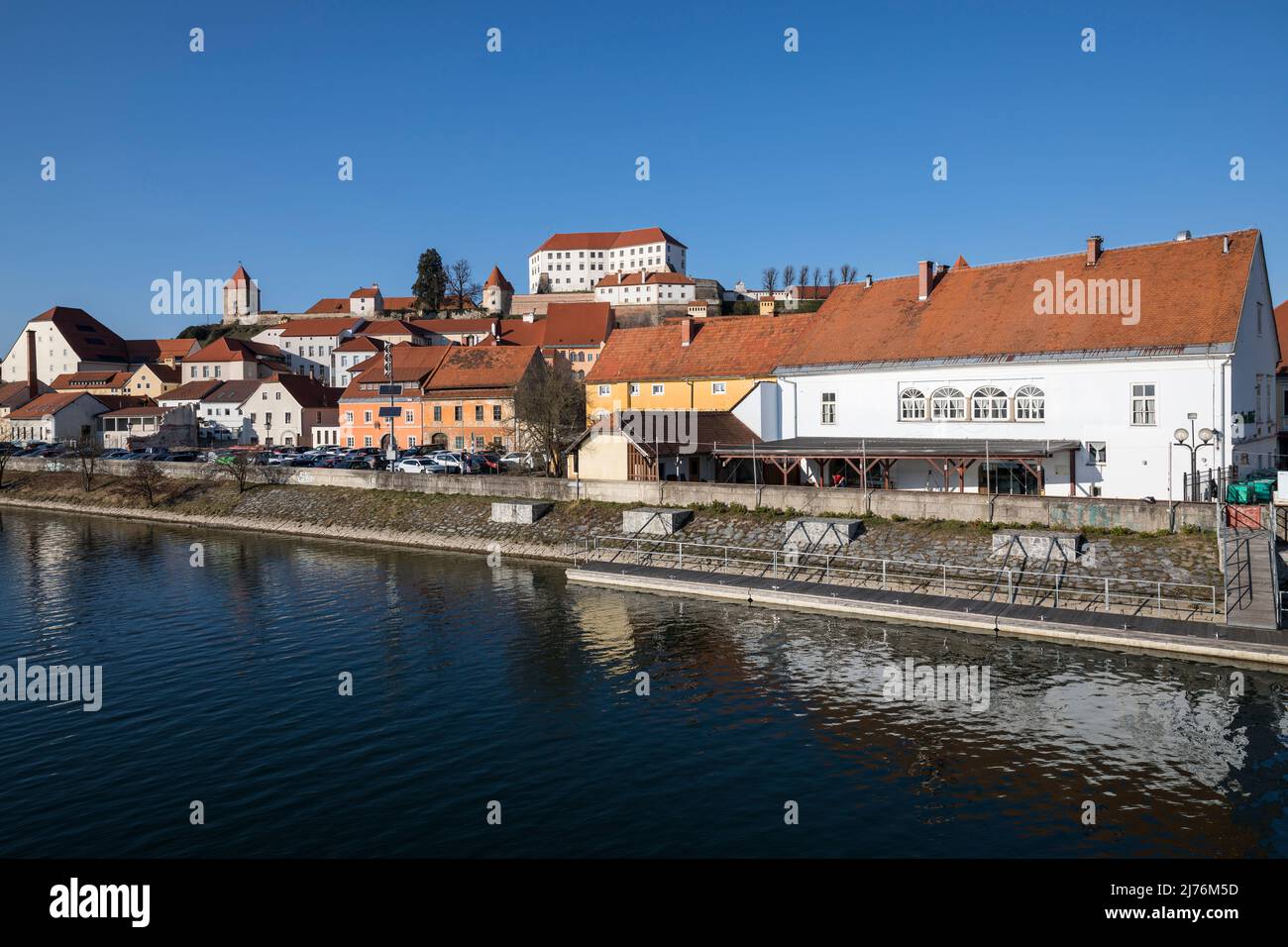 Città Ptuj (Pettau) con collina del castello, sul fiume Drava, città più antica della Slovenia, bassa Stiria, Podravska, Slovenia, Europa Foto Stock