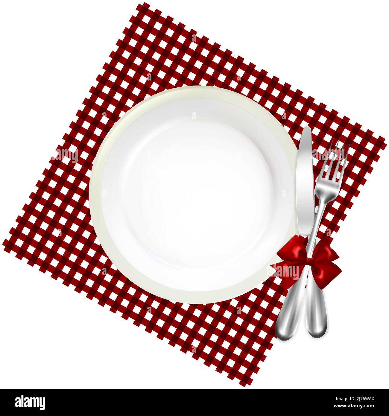 Stoviglie da ristorante con forchetta e coltello Bow legato su un panno Red Gingham Illustrazione Vettoriale