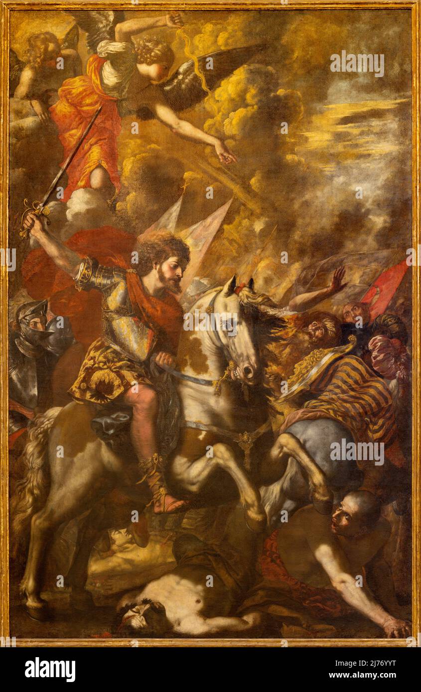 MONOPOLI, ITALIA - 5 MARZO 2022: La pittura barocca nella Cattedrale - San Giacomo un cavallo bianco e cambia il destino della battaglia di Clavijo 844 Foto Stock