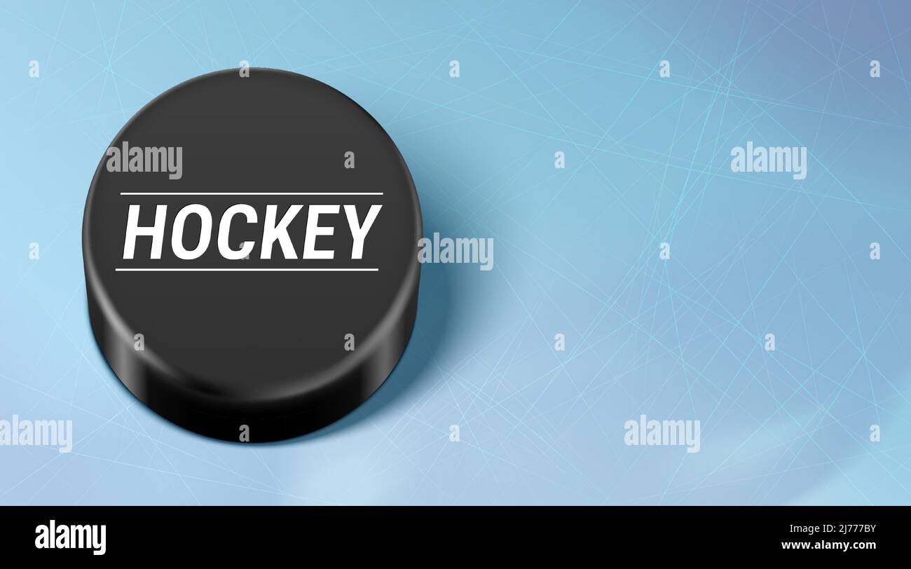 Hockey su ghiaccio sfondo vettoriale realistico, con puck di gomma su una pista blu graffiata. Banner pubblicitario Hockey con spazio per la copia. Illustrazione Vettoriale