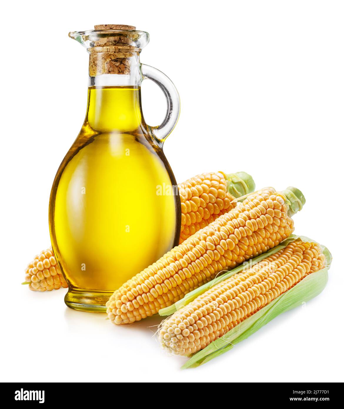Bottiglia di olio di mais, spighe di mais isolate su sfondo bianco. Il più popolare di oli vegetali. Foto Stock