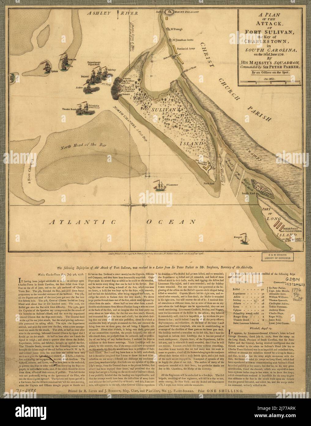Un piano dell'attacco di Fort Sulivan, la chiave di Charlestown, in Carolina del Sud, il 28th. Di giugno 1776. Dallo squadrone di sua Maestà, comandato da Sir Peter Parker. Da un ufficiale sulla sp 4055 Foto Stock
