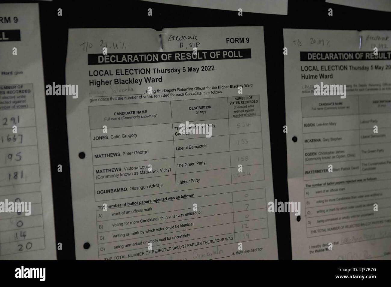 Modulo di dichiarazione dei risultati per il più alto Blackley Ward visto durante le elezioni locali. Vista generale dei conti elettorali a Manchester. Manchester è una delle ultime aree a dichiarare le loro elezioni per le elezioni locali del 2022. Foto Stock