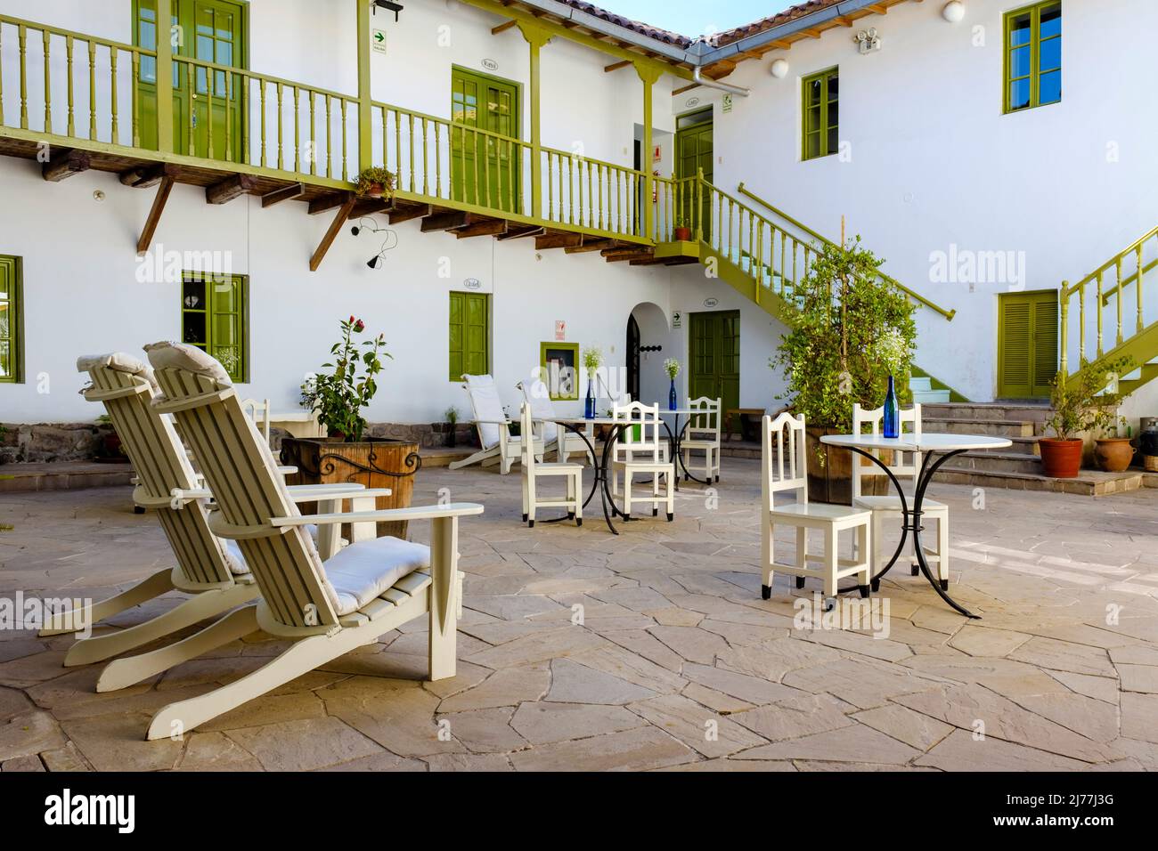 Patio di Ninos Hotel Fierro, città di Cusco, Valle Sacra, Perù Foto Stock