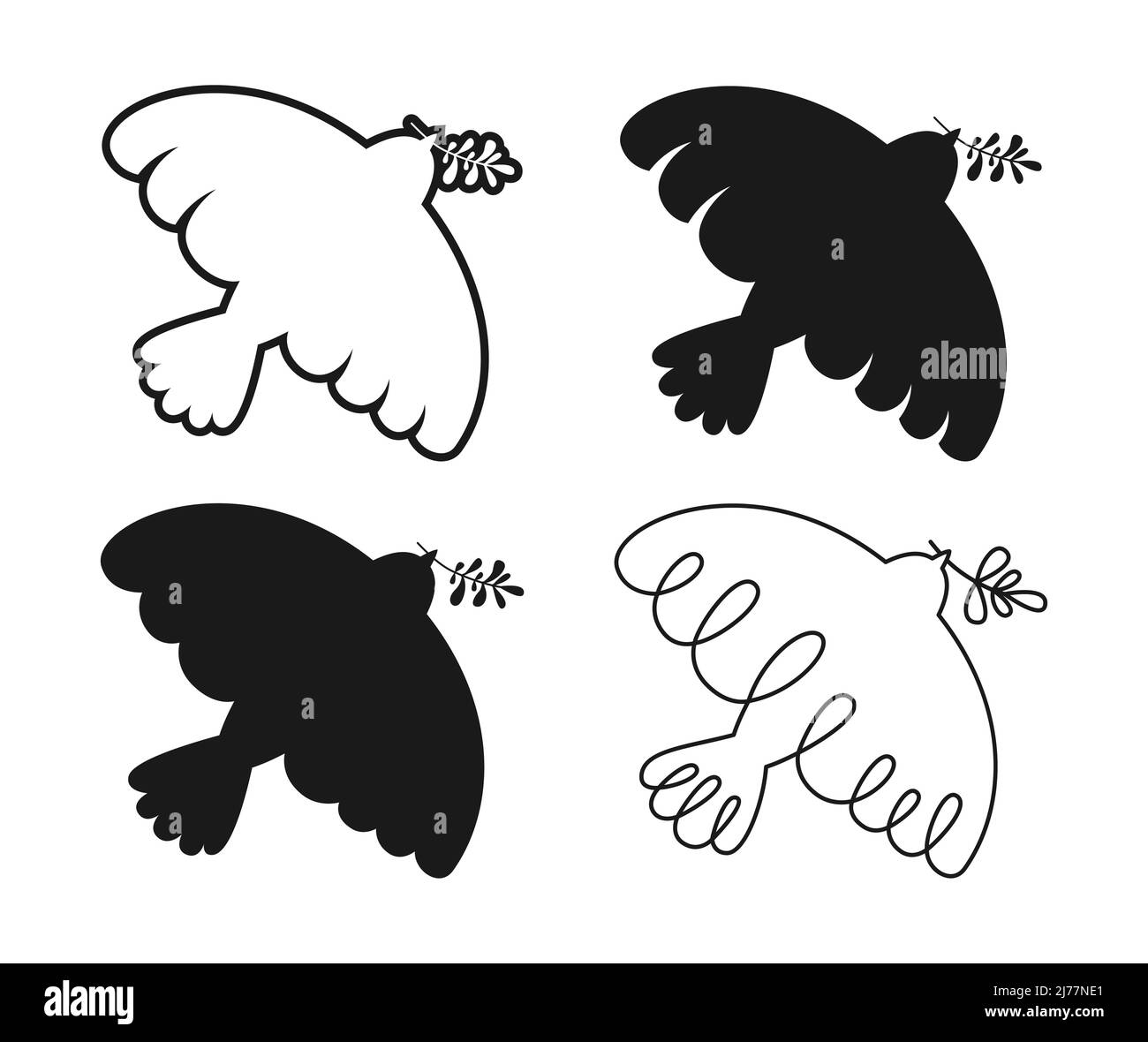 Simbolo di pace impronta a colomba timbro, dondolo contorno set. Colomba volante con cartello di diramazione di olive, icona piccione. Libertà, cristiano, umanità emblema pacifico non concetto di guerra. Semplici elementi di design del logo Illustrazione Vettoriale