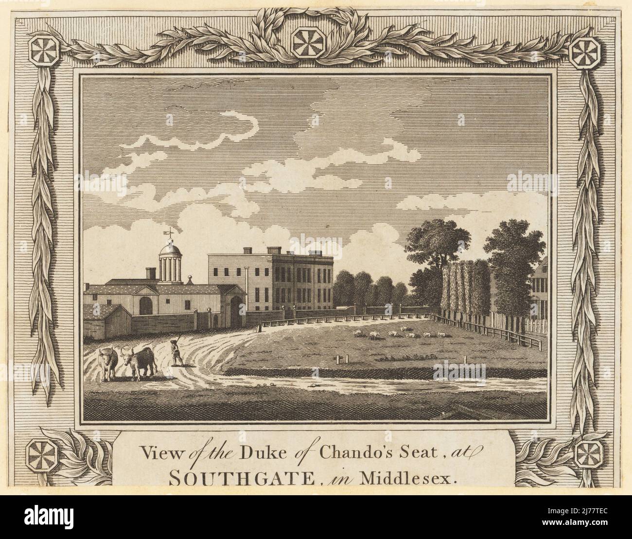 Vista di Minchington Hall, Southaget, Middlesex, 1784. Sede di James Brydges, 3rd Duca di Chandos, proprietario schiavo della proprietà di speranza, Giamaica. Casa demolita nel 1853. Incisione copperplate di Roberts da New History and Survey of London di William Thornton, pubblicata da Alexander Hogg at the King’s Arms, Paternoster Row, Londra, 1784. Foto Stock