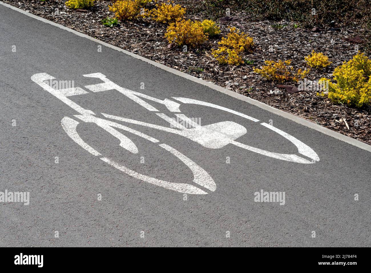 Pista ciclabile con cartello stradale bianco. Concetto di stile di vita sostenibile. Foto Stock