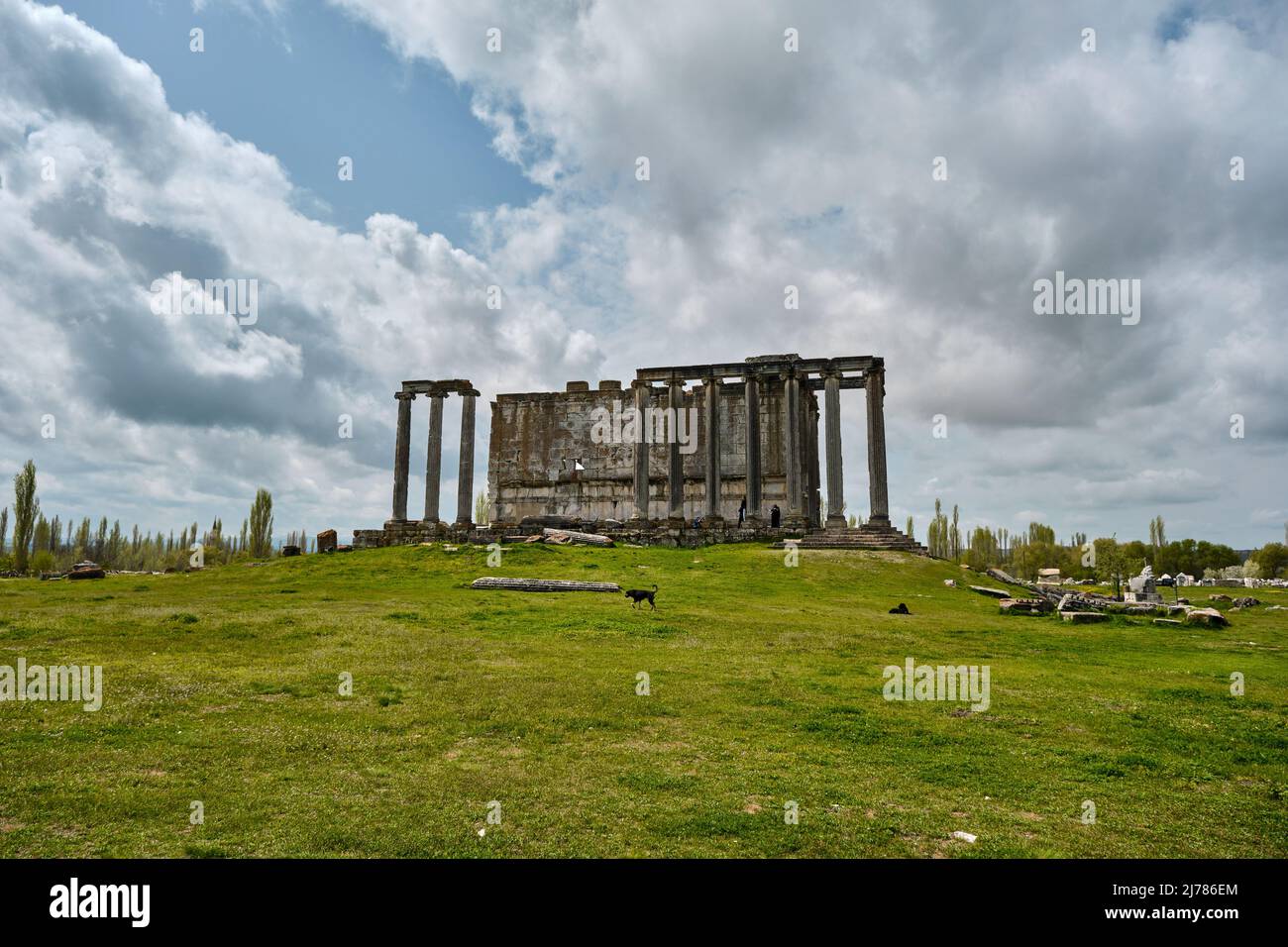 Vista ad angolo ampio e basso del Tempio di Zeus in Turchia Cavdarli chiamato come Tempio della città greca Zeus Foto Stock
