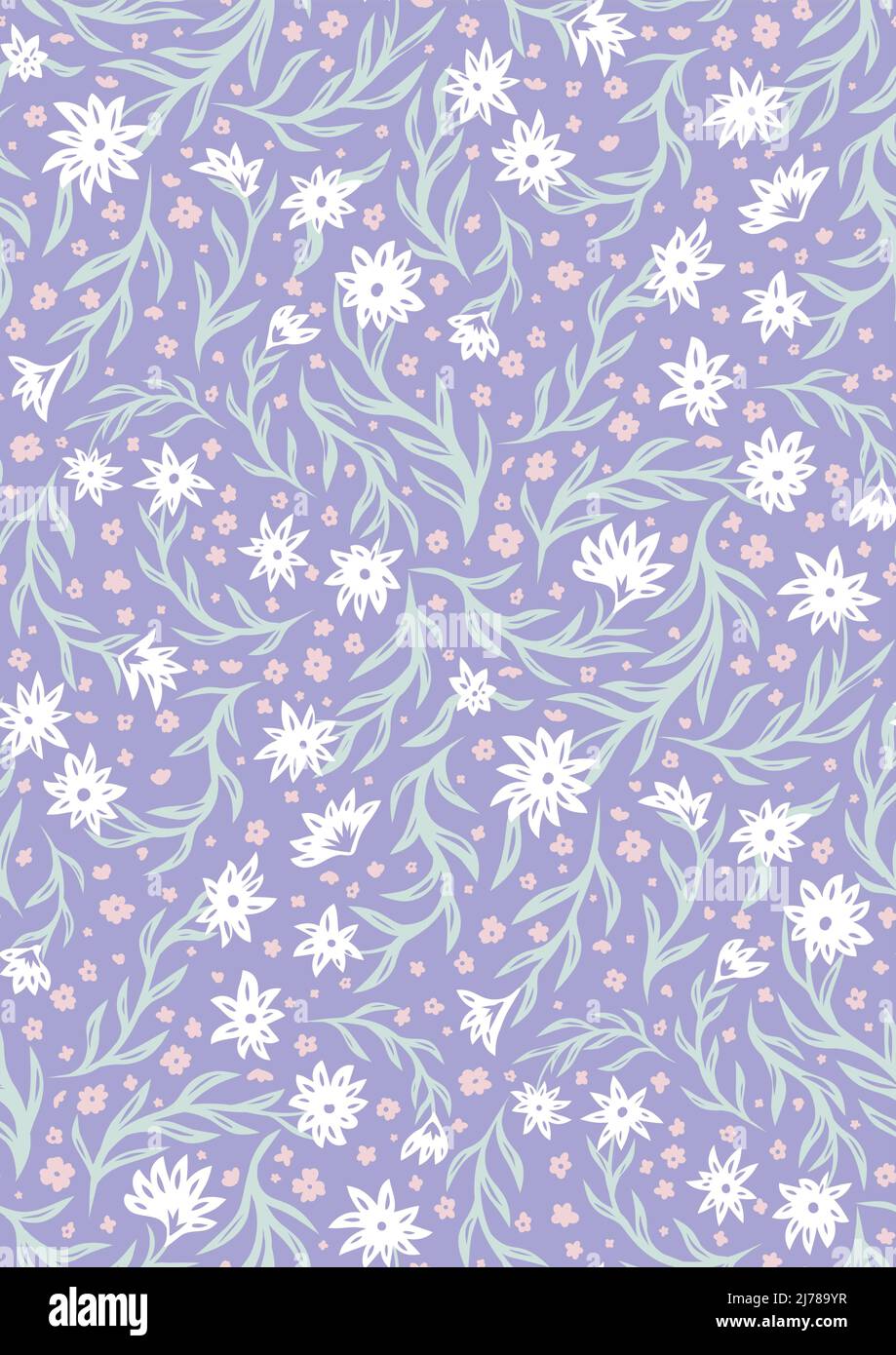 Motivo delicato senza cuciture con piccoli fiori bianchi e rosa delicati su steli su sfondo lilla. Texture vettoriale naturale con Ditsy per tessuti. Illustrazione Vettoriale