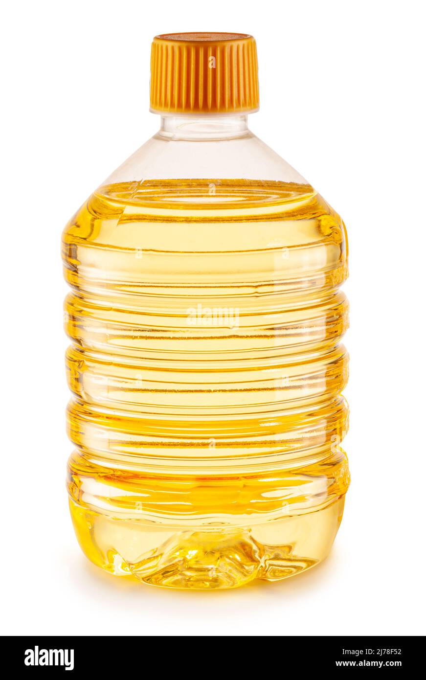 Bottiglia di olio di girasole isolato su sfondo bianco. Il più popolare di oli vegetali. Foto Stock