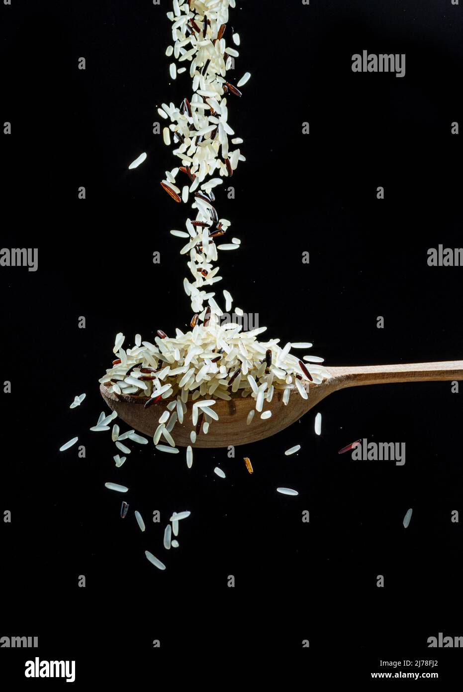 I grani di riso bianco cadono nel cucchiaio su sfondo nero. Cibo popolare e ingrediente principale di risotto e pilau. Foto Stock