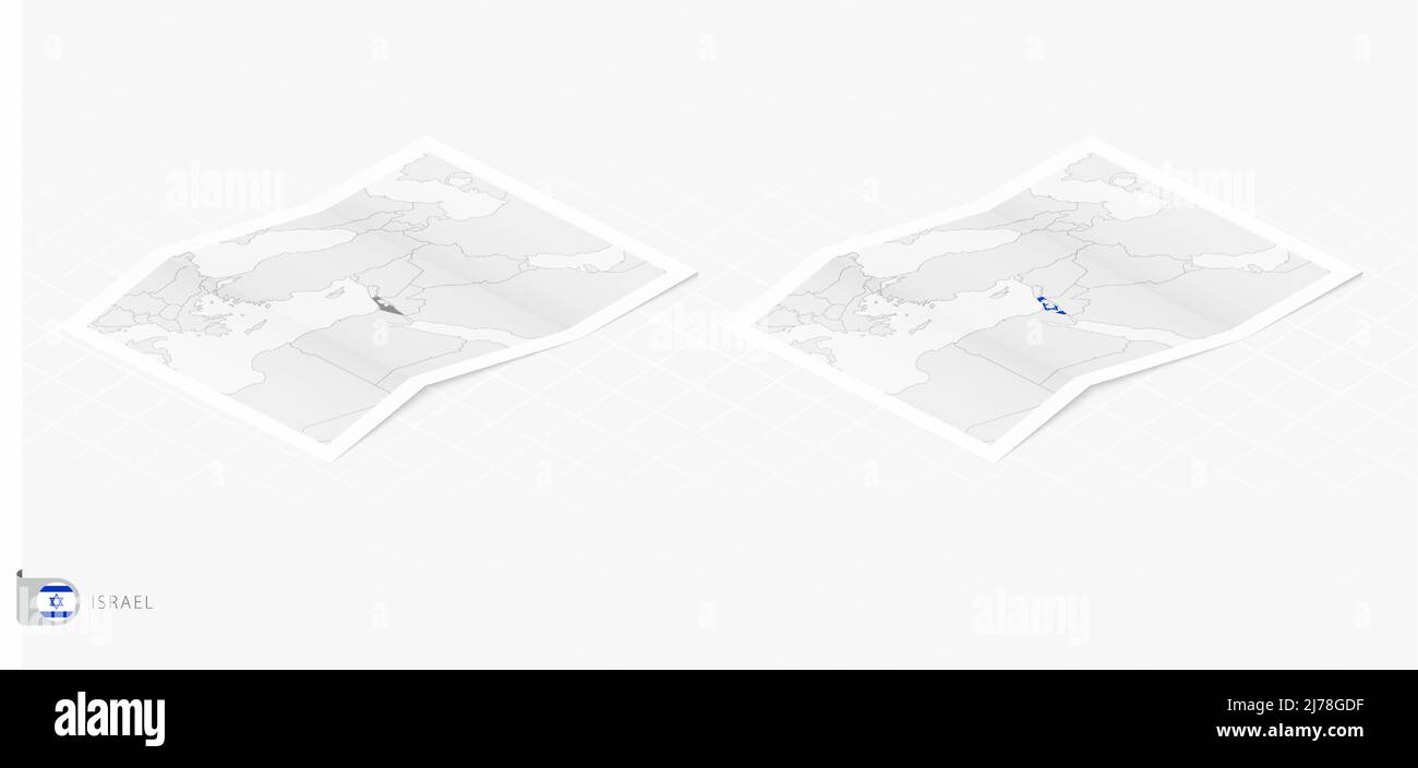 Insieme di due mappe realistiche di Israele con ombra. La bandiera e la mappa di Israele in stile isometrico. Modello vettoriale. Illustrazione Vettoriale