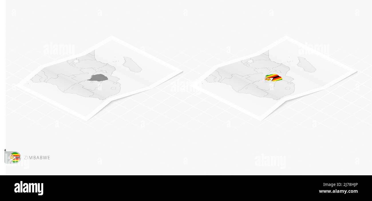 Insieme di due mappe realistiche dello Zimbabwe con ombra. La bandiera e la mappa dello Zimbabwe in stile isometrico. Modello vettoriale. Illustrazione Vettoriale