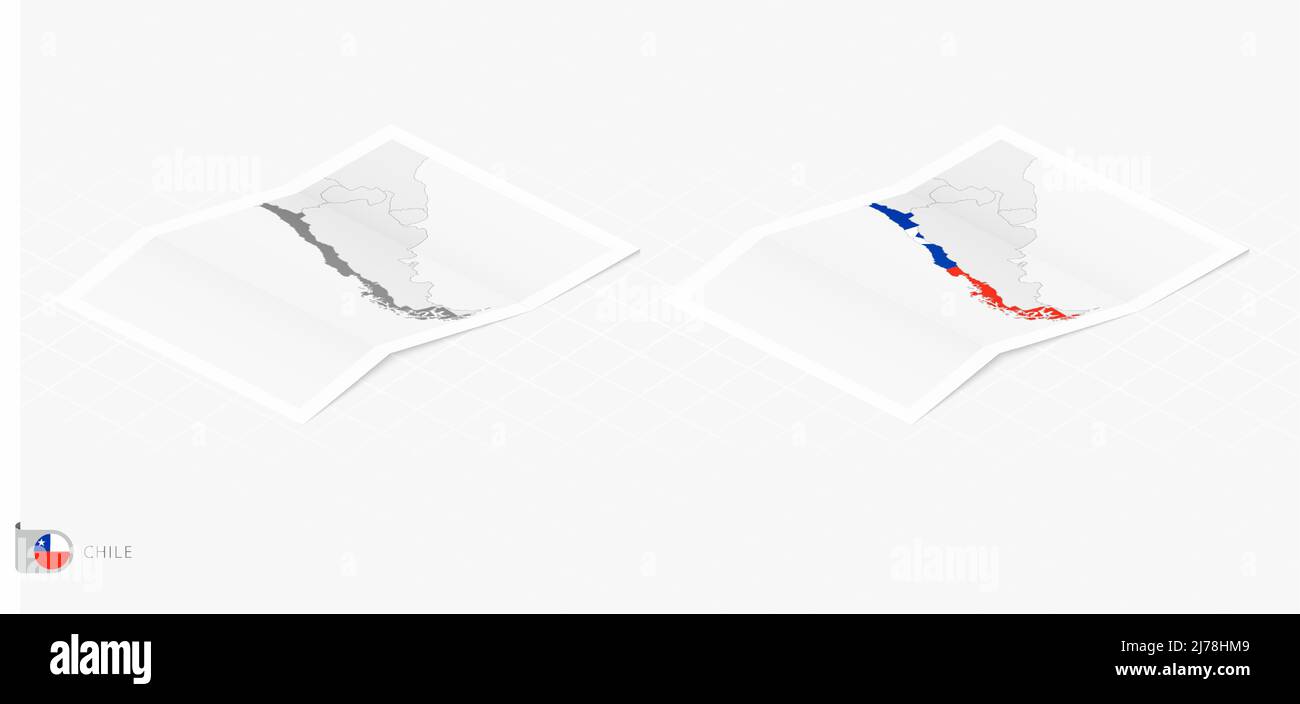 Insieme di due mappe realistiche del Cile con ombra. La bandiera e la mappa del Cile in stile isometrico. Modello vettoriale. Illustrazione Vettoriale