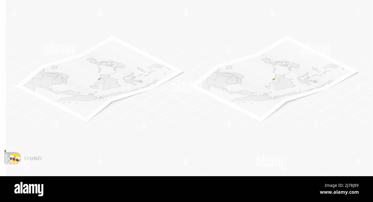 Insieme di due realistiche mappe di Brunei con ombra. La bandiera e la mappa del Brunei in stile isometrico. Modello vettoriale. Illustrazione Vettoriale