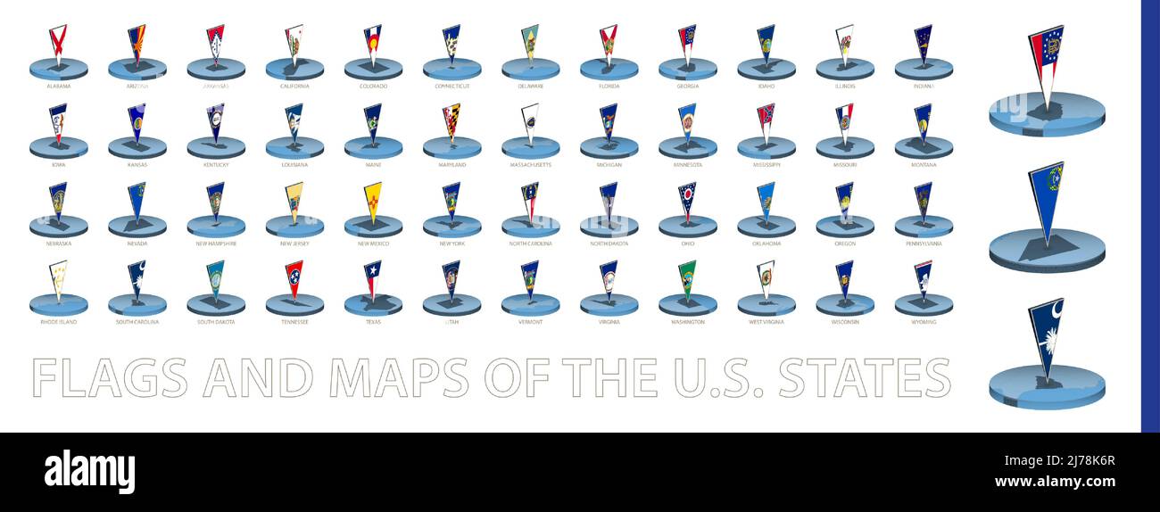 Bandiere e mappe degli Stati Uniti in stile isometrico circolare con bandiera triangolare 3D. Raccolta mappe USA. Illustrazione Vettoriale