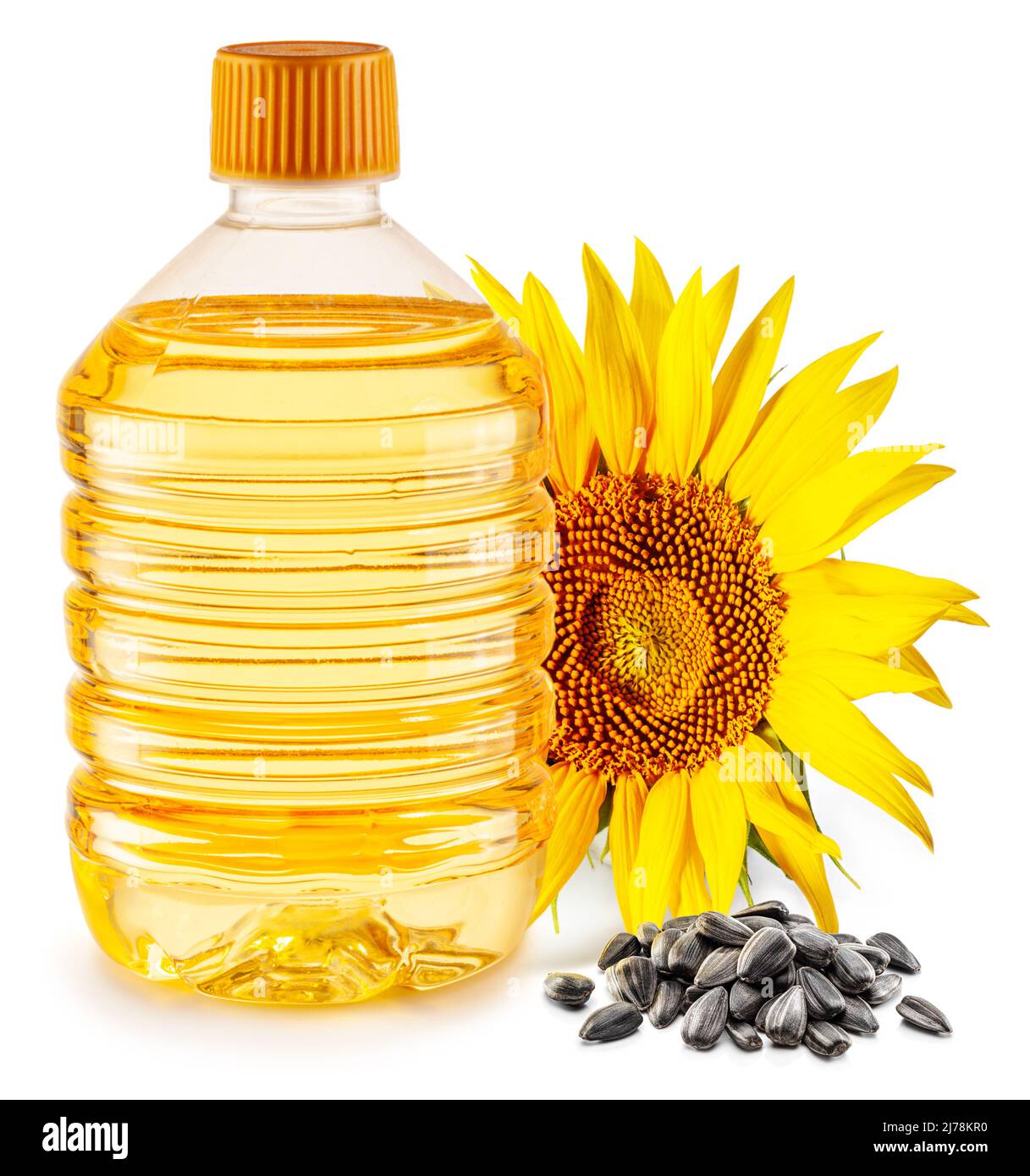 Bottiglia di olio di girasole, girasole e semi isolati su sfondo bianco. Il più popolare di oli vegetali. Foto Stock