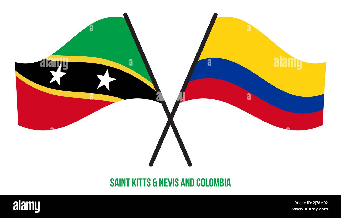 Saint Kitts & Nevis e Colombia Bandiere attraversate e ondeggianti stile piatto. Proporzione ufficiale. Foto Stock