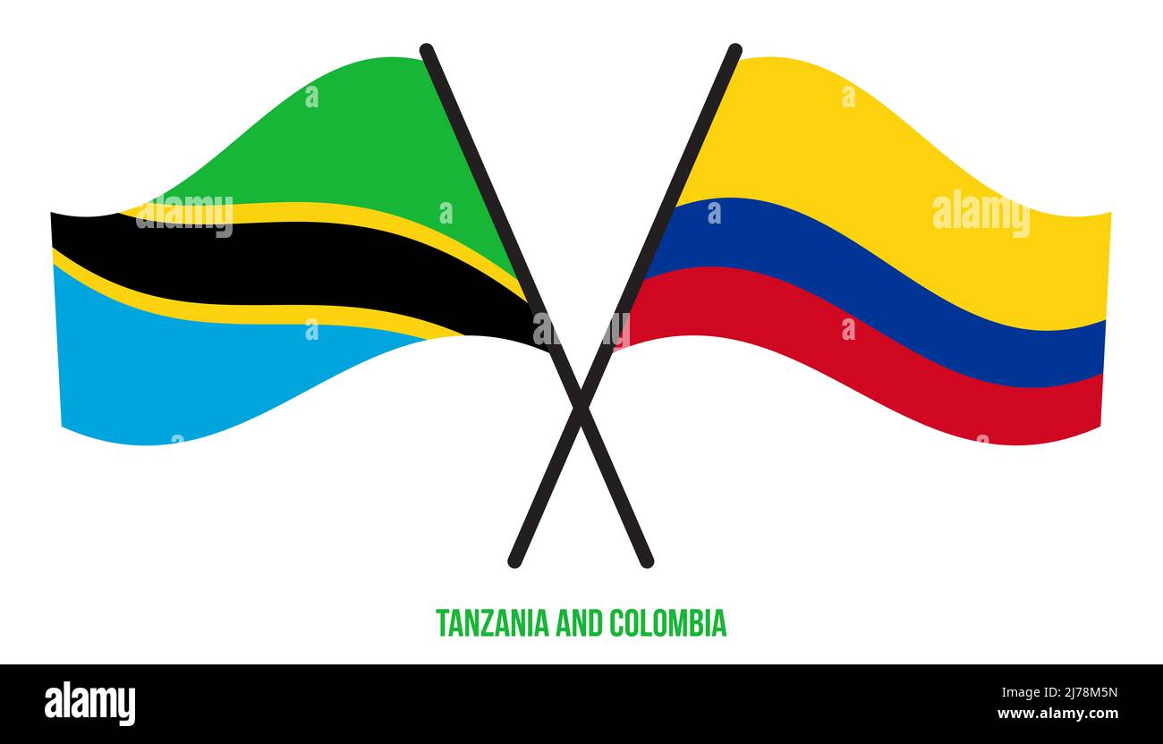 Tanzania e Colombia Bandiere attraversate e ondeggianti stile piatto. Proporzione ufficiale. Colori corretti. Foto Stock