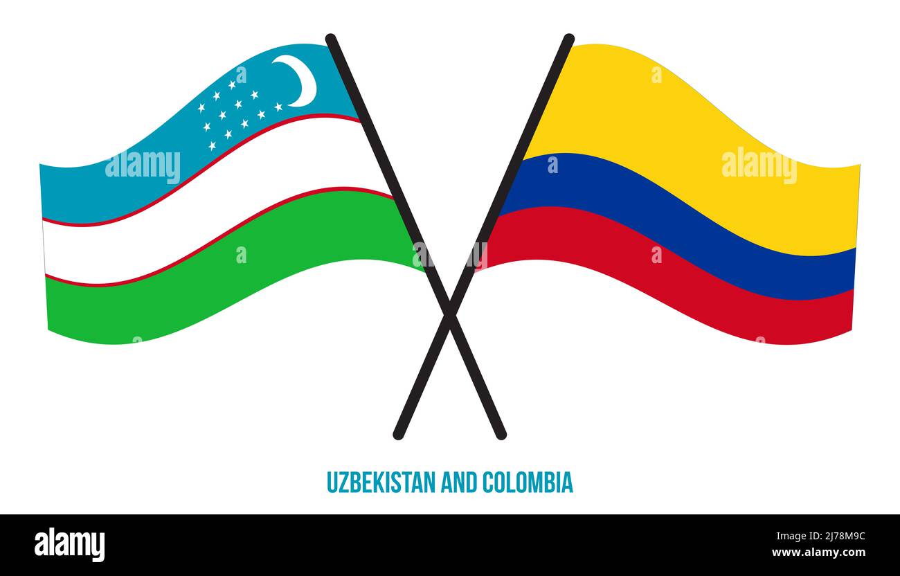 Uzbekistan e Colombia Bandiere attraversate e ondeggianti stile piatto. Proporzione ufficiale. Colori corretti. Foto Stock