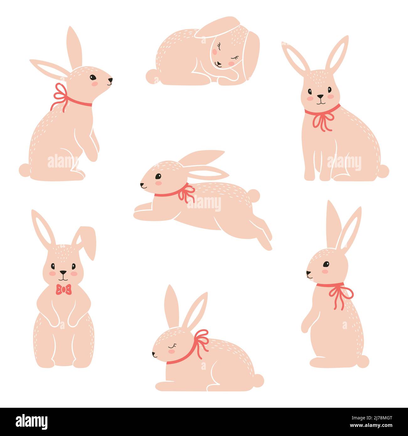 Set coniglietto di Pasqua. Simpatici conigli personaggi in diverse pose. Seduta, salti, lepre dormiente. Cute animali rosa per i bambini design. Vettore piano cartoon Illustrazione Vettoriale