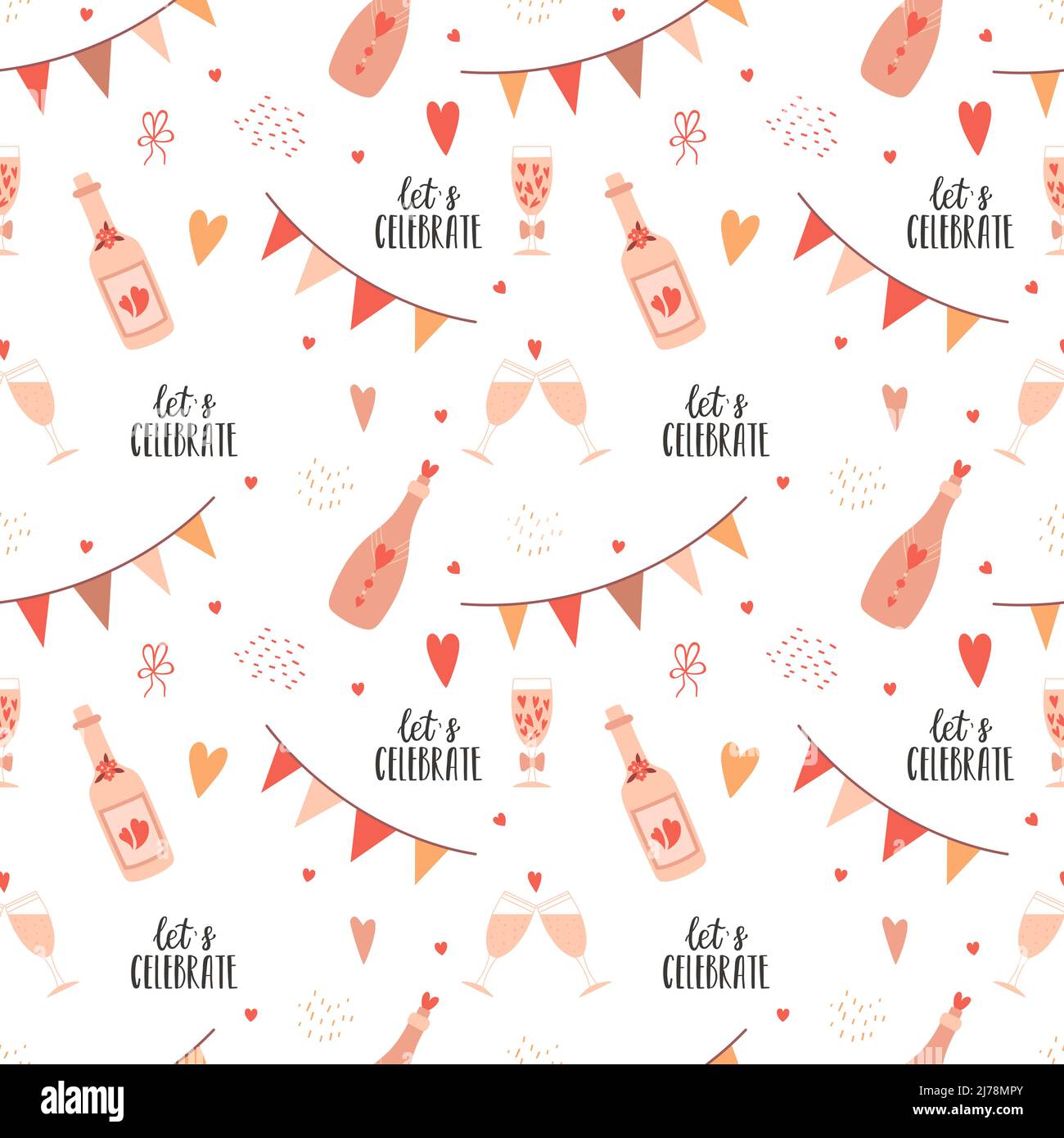 Modello senza cuciture con bottiglie decorate di vino, bicchieri e bandiere festive, frase Let's Celebrate. Illustrazioni vettoriali a colori carine su bianco. Perfetto Illustrazione Vettoriale