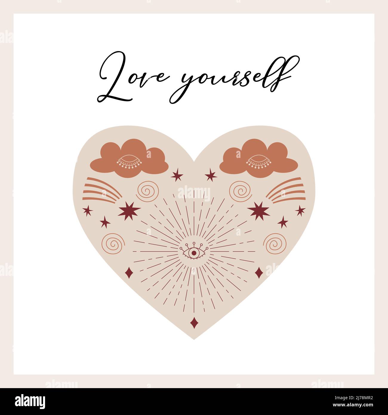 Cartolina quadrata simmetrica con sole e raggi, stelle, occhi chiusi sulla forma del cuore. Simboli misteriosi, mistici, boho, celesti. Amatevi Illustrazione Vettoriale Cartolina quadrata simmetrica con sole e raggi, stelle, occhi chiusi sulla forma del cuore. Simboli misteriosi, mistici, boho, celesti. Amatevi Illustrazione Vettoriale