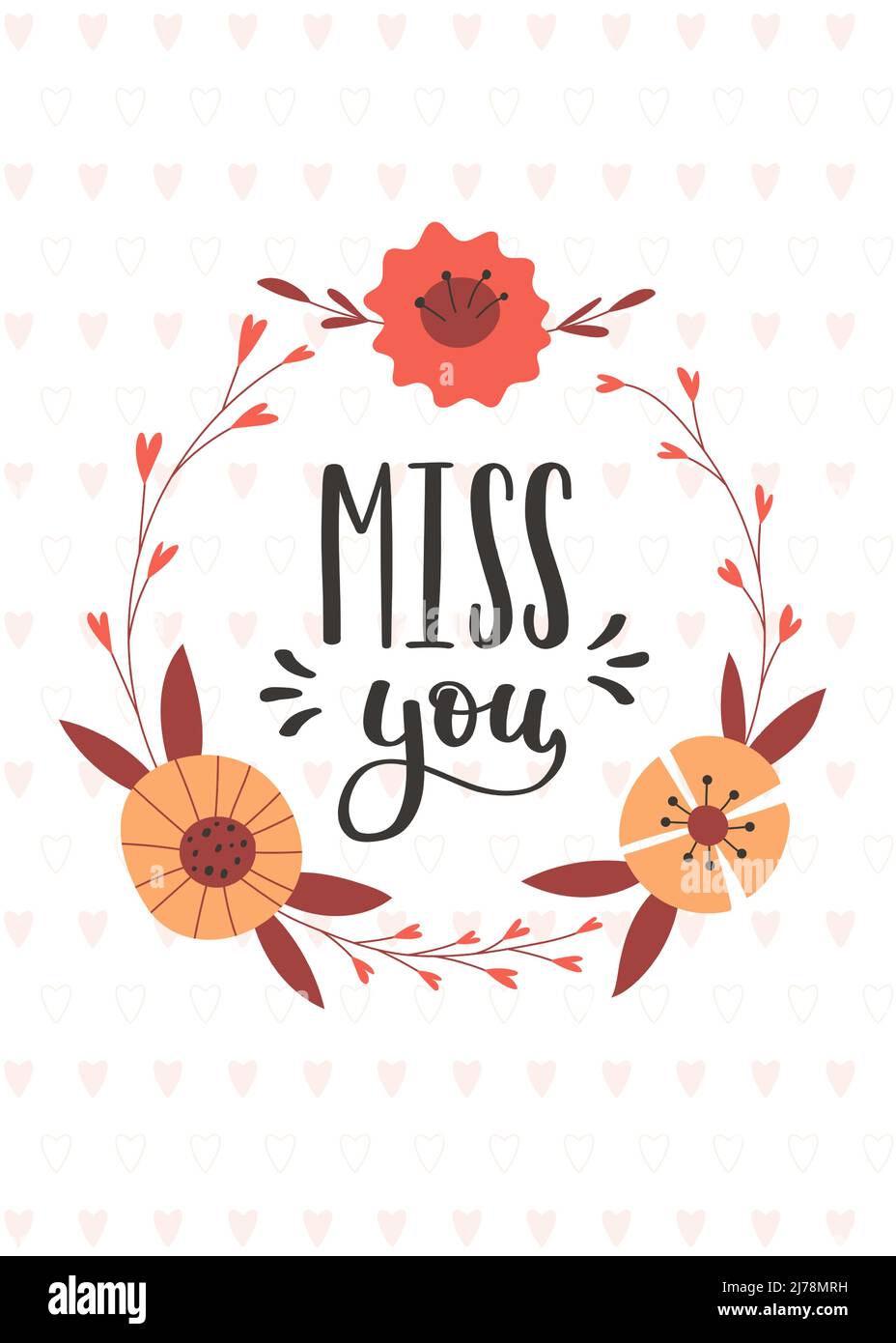 San Valentino con una corona botanica floreale con fiori semplici e la frase manoscritta Miss You. Illustrazione vettoriale a colori in stile piatto Illustrazione Vettoriale