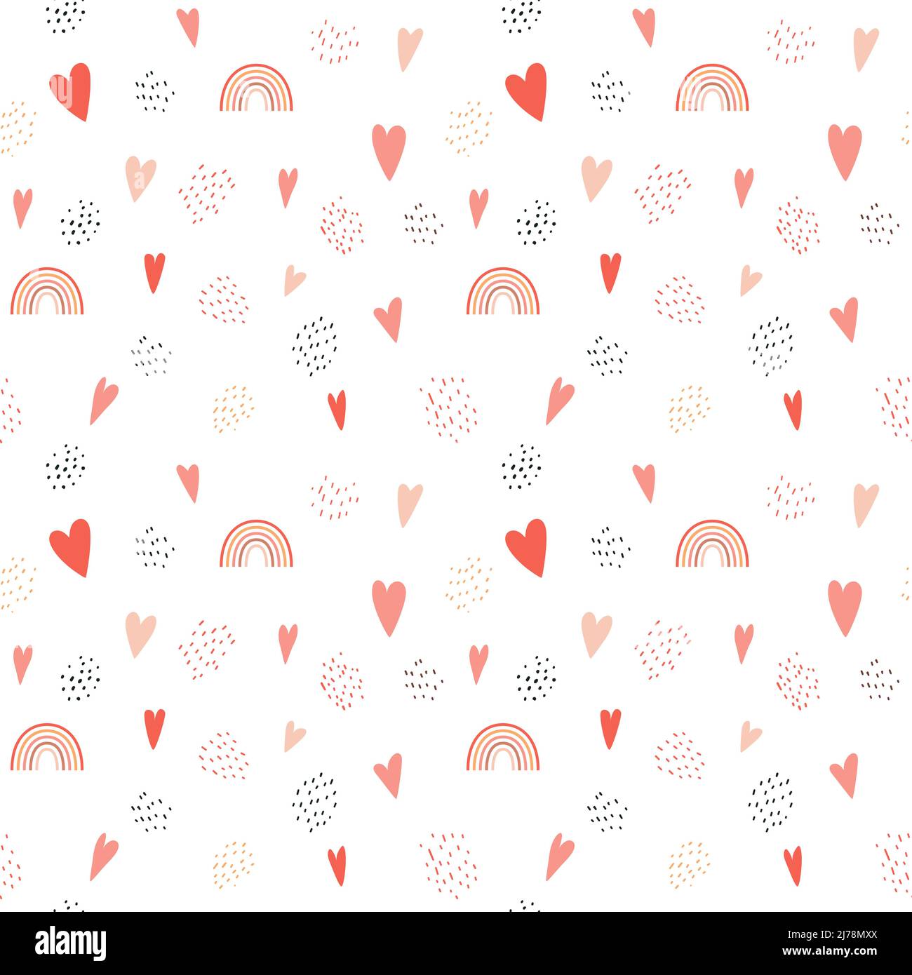 Pattern senza giunture con semplici arcobaleni, cuori, macchie di texture, punti. Il semplice sfondo minimalista è perfetto per avvolgere carta, testi per bambini Illustrazione Vettoriale