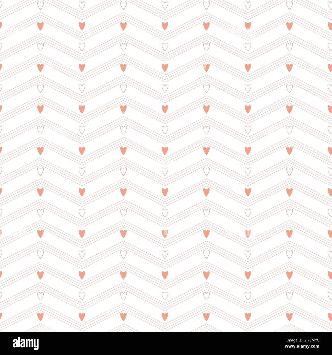 Un semplice motivo minimalistico senza cuciture con cuori rosa e strisce a zigzag su sfondo bianco. Perfetto per il confezionamento e il confezionamento di San Valentino Illustrazione Vettoriale
