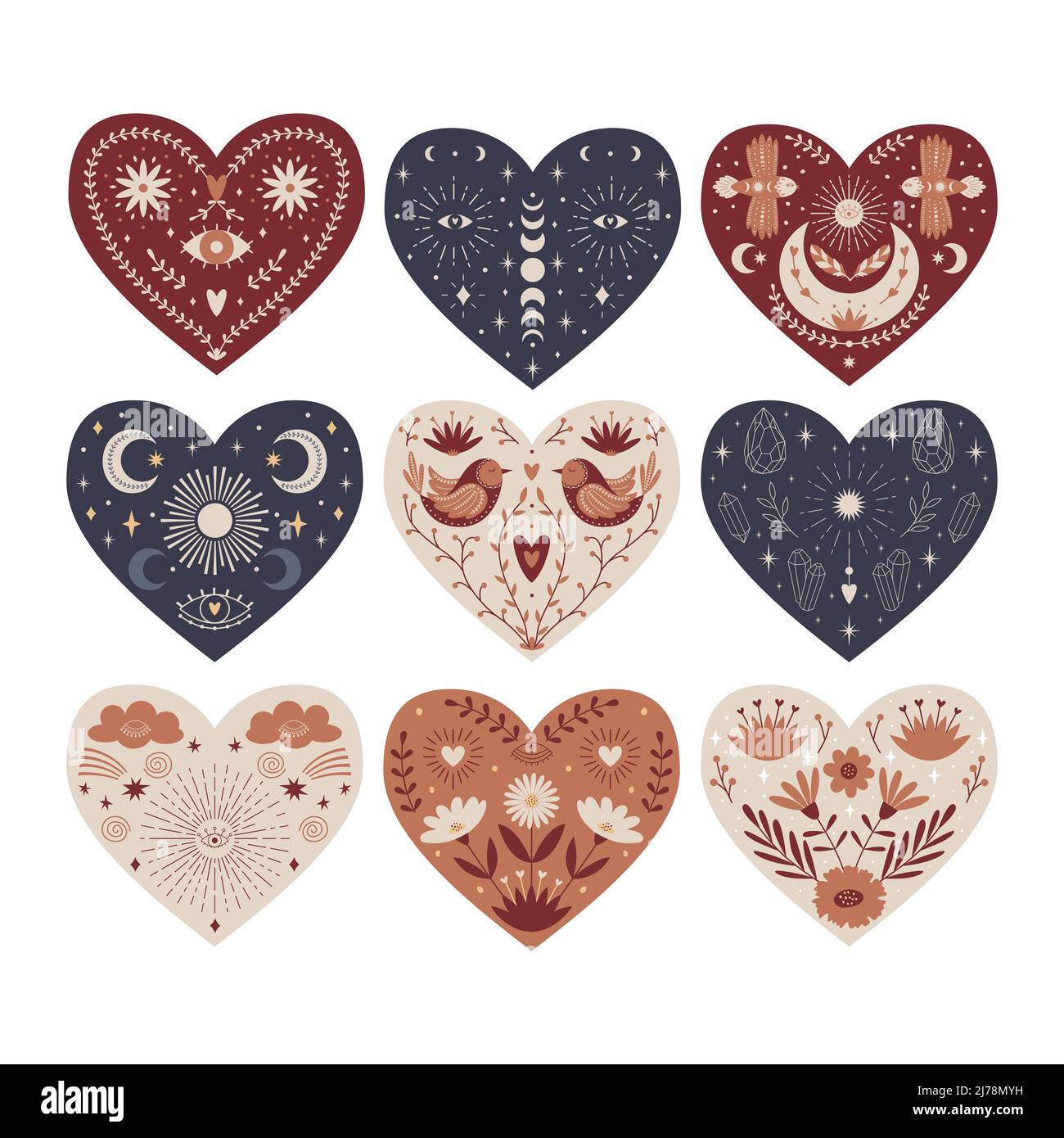 Insieme di cuori mistici simmetrici con elementi boho, celesti, botanici. Occhio, fiori, ramoscelli, luna, uccelli, cristalli. Oggetti di design per carte, confezione Illustrazione Vettoriale Insieme di cuori mistici simmetrici con elementi boho, celesti, botanici. Occhio, fiori, ramoscelli, luna, uccelli, cristalli. Oggetti di design per carte, confezione Illustrazione Vettoriale