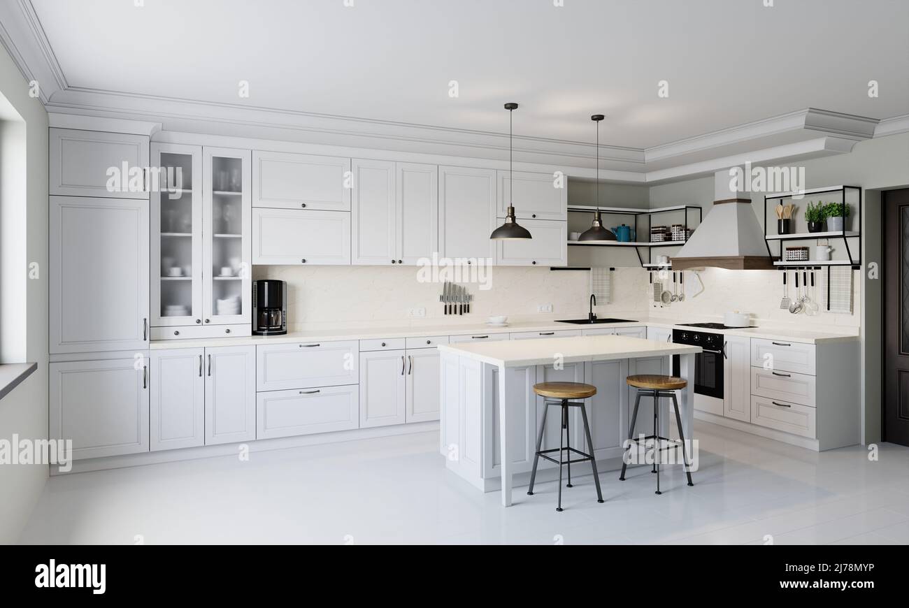 Cucina in stile moderno con piano di lavoro luminoso con lavello, piano cottura, forno, utensili da cucina. 3D rendering. Foto Stock