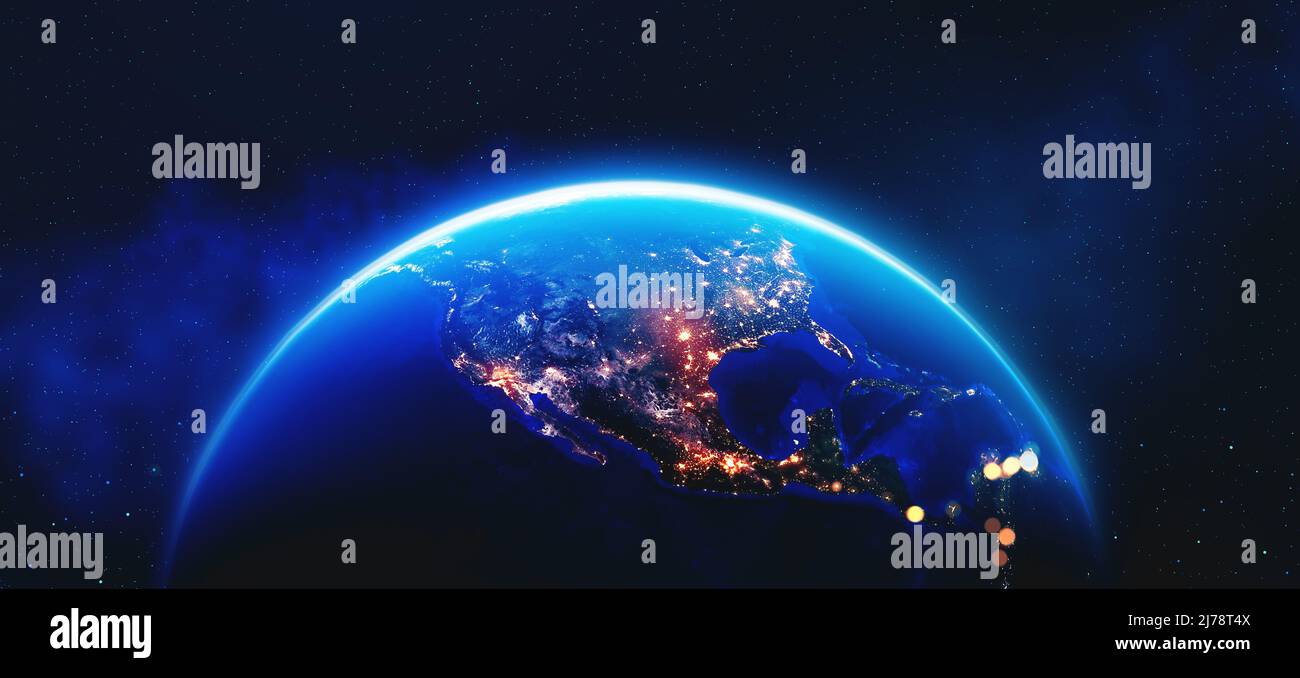 Vista dallo spazio. Concetto di arte. Orbita terrestre. Nord America e luci notturne delle città. Pianeta nello spazio. Elemento di questa immagine fornito dalla NASA Foto Stock